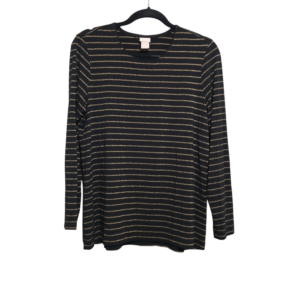 Chico's Women's Black Long Sleeve Top Gold Metallic Striped Size 2‎ L